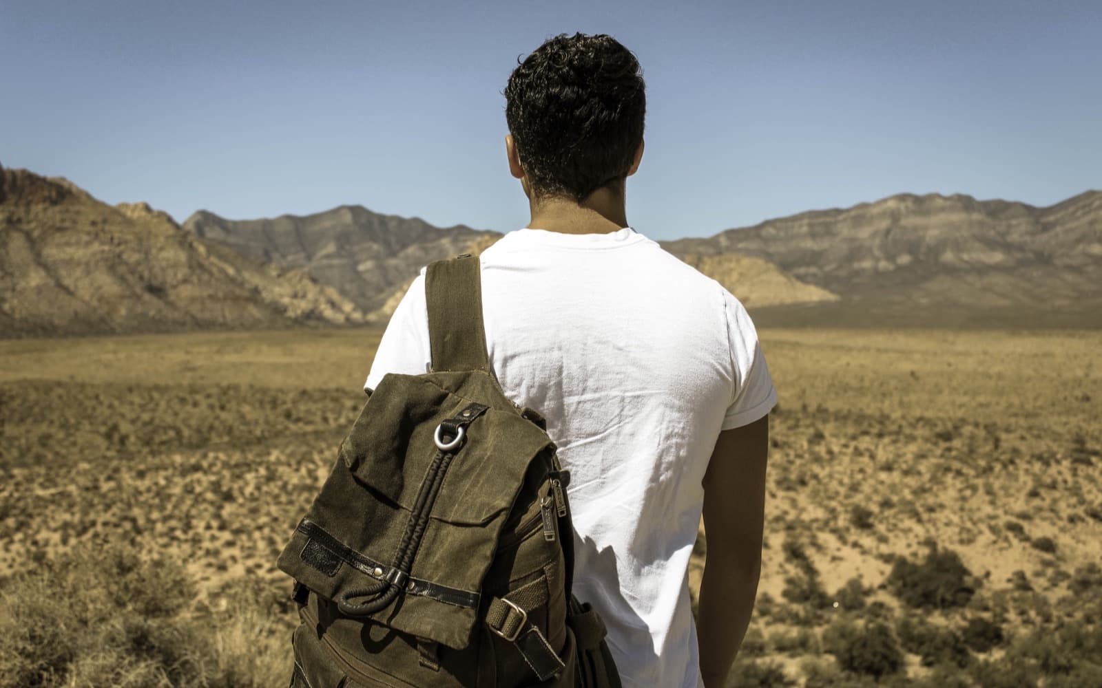A man seen from behind in a white T-shirt, wearing an olive canvas rucksack, facing a sunlit desert plain and ridges