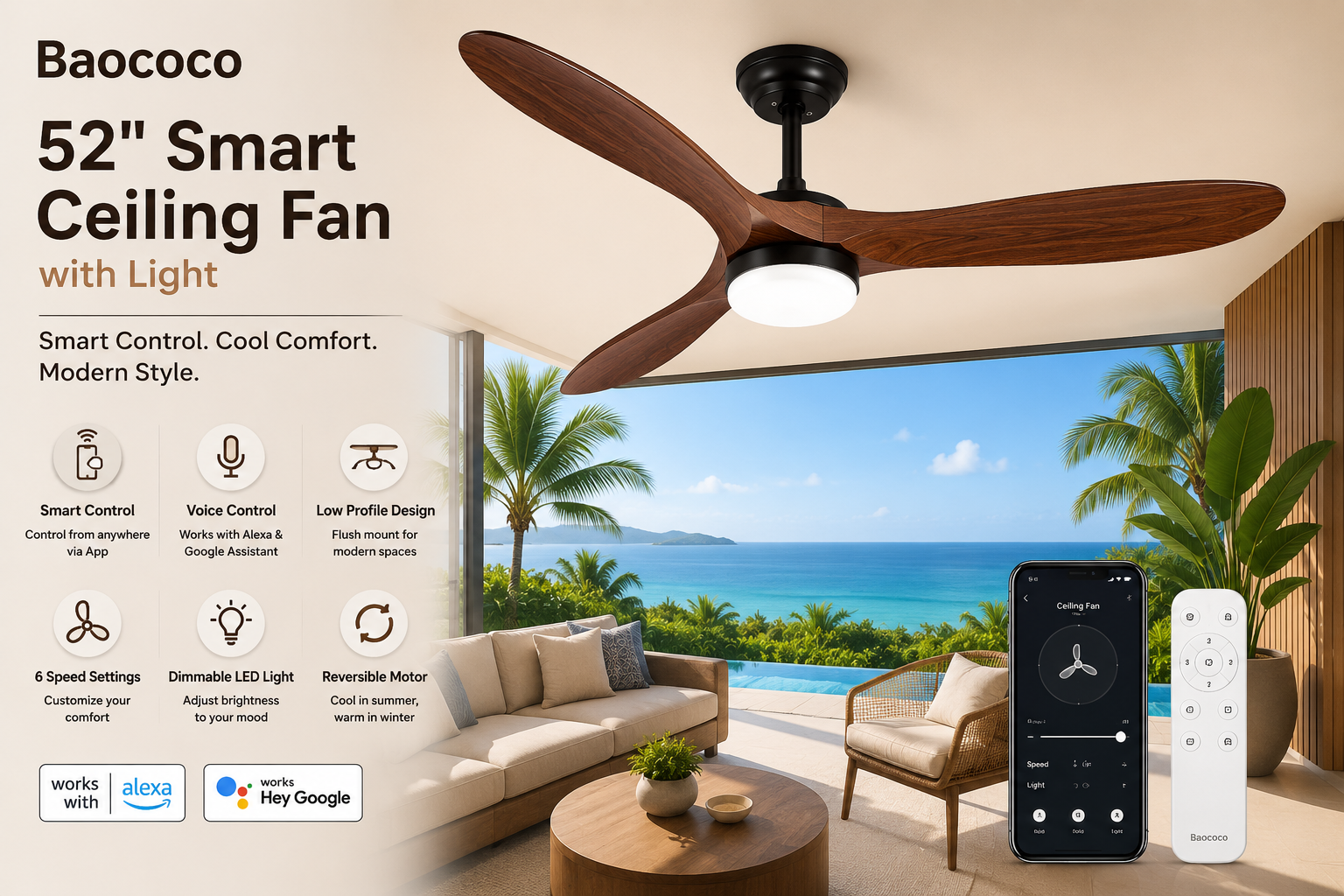 Stylish 52" Smart Ceiling Fan for Modern Homes